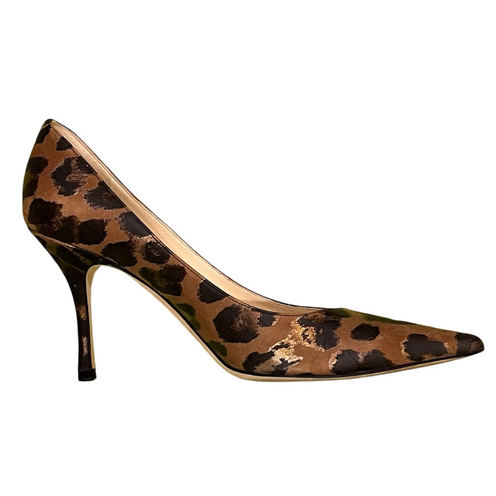 𝐉𝐢𝐦𝐦𝐲 𝐂𝐡𝐨𝐨 Leopard Print Suede Gold Black Brown Pointed Toe Heel